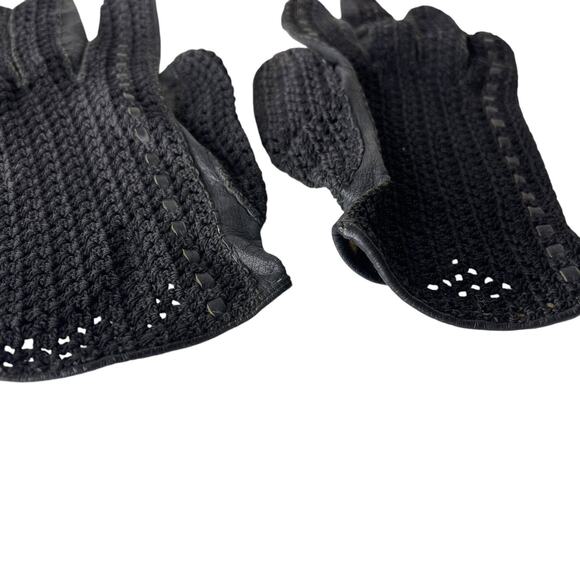 Vintage 80s Black Leather Crochet Driving Gloves Small Lightweight Open Knit - Picture 5 of 16